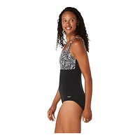 Speedo Women's Print Block Square Neck One Piece Swimsuit