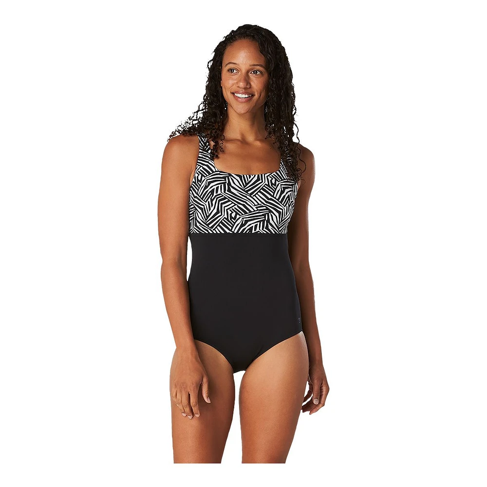 Speedo Women's Print Block Square Neck One Piece Swimsuit