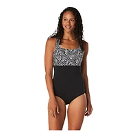 Speedo Women's Print Block Square Neck One Piece Swimsuit