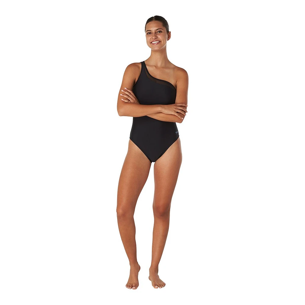 Speedo Women's Solid Mesh Asymmetrical One Piece Swimsuit