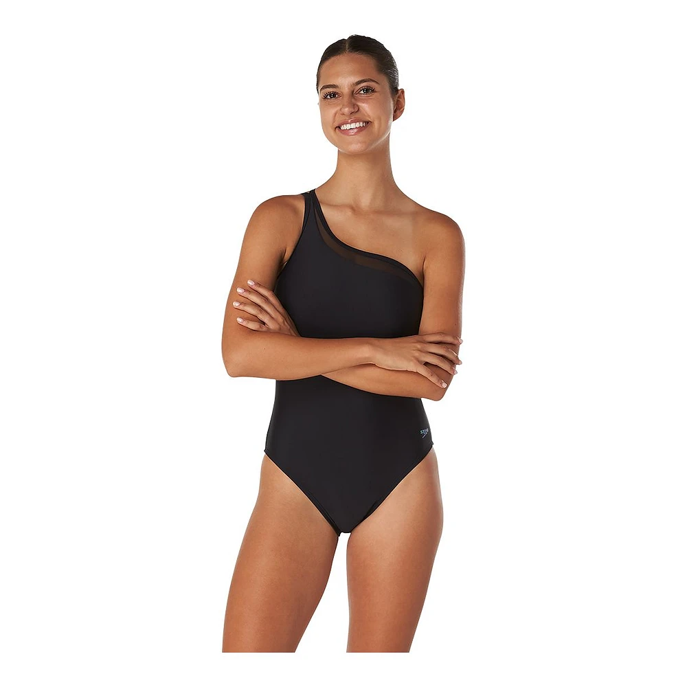 Speedo Women's Solid Mesh Asymmetrical One Piece Swimsuit