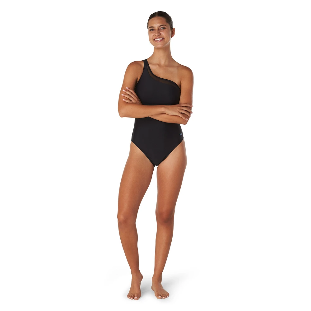 Speedo Women's Solid Mesh Asymmetrical One Piece Swimsuit