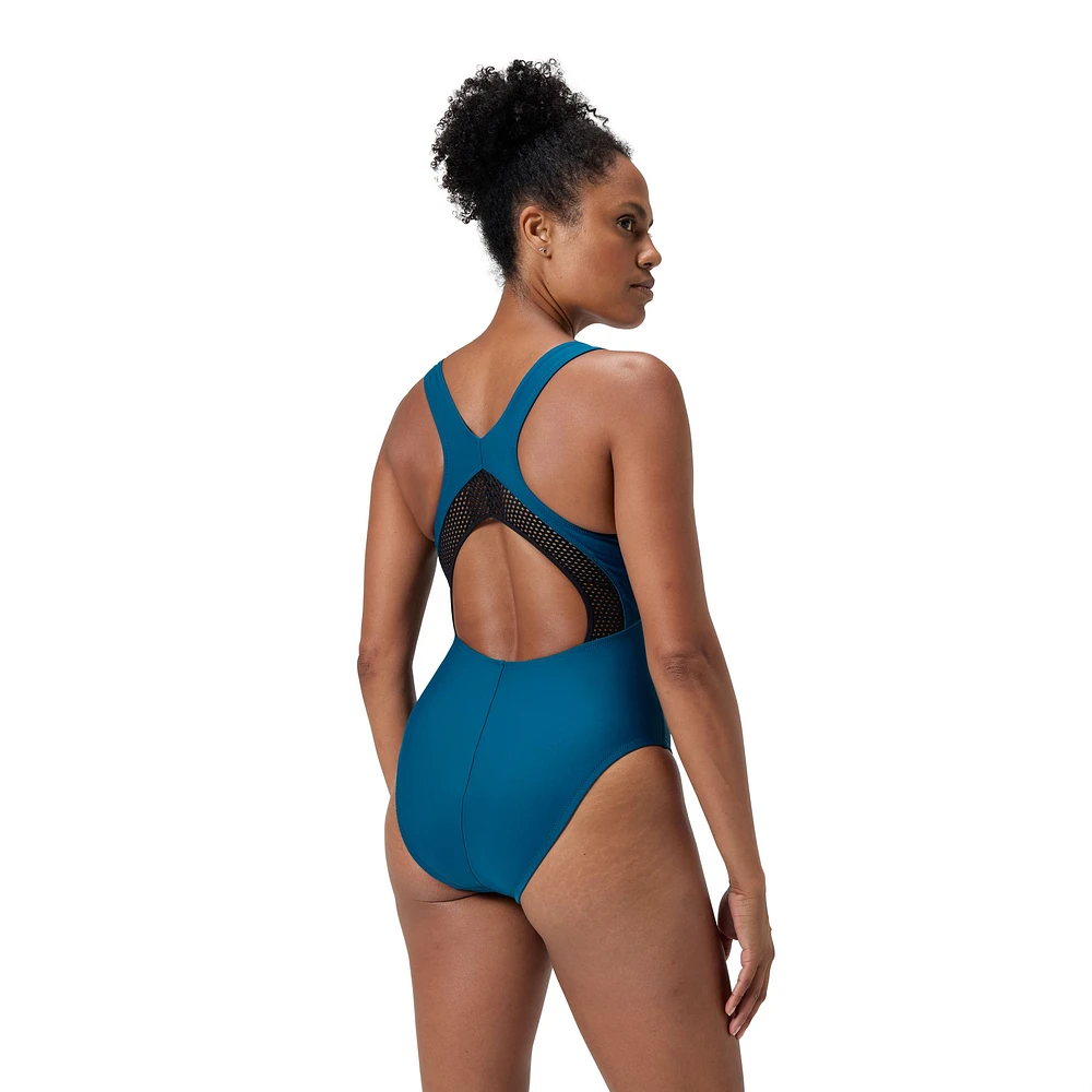 Speedo Women's Solid Scoop Neck Mesh One Piece Swimsuit