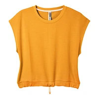 Free FWD Women's Pleated Crew Long Sleeve French Terry Crop Top Shirt, Relaxed Fit