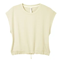 Free FWD Women's Pleated Crew Long Sleeve French Terry Crop Top Shirt, Relaxed Fit