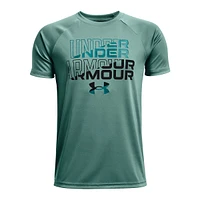 Under Armour Boys' Tech Wordmark Symbol T Shirt, Kids, Crewneck, Mesh, Quick Dry