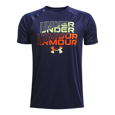 Under Armour Boys' Tech Wordmark Symbol T Shirt, Kids, Crewneck, Mesh, Quick Dry