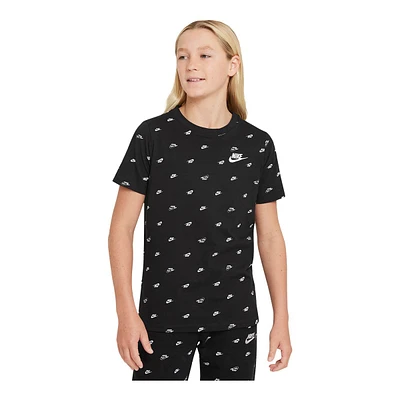 Nike Sportswear Boys' Swoosh All Over Print T Shirt, Kids', Crewneck, Cotton, Graphic