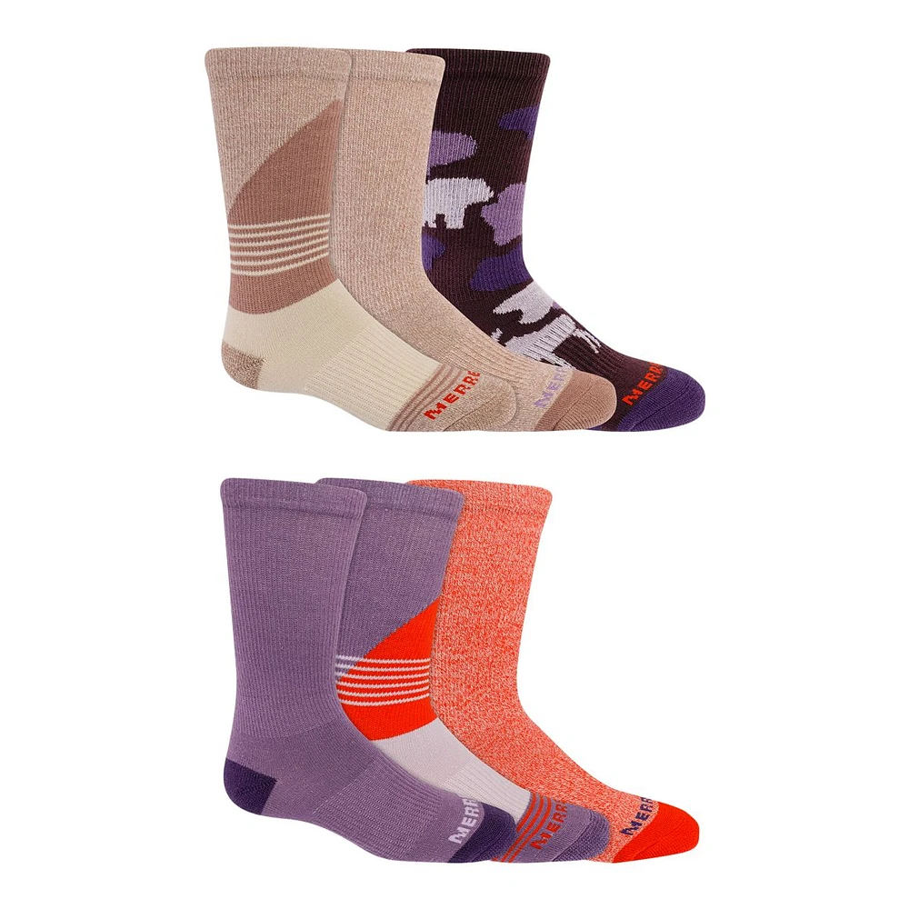 Merrell Girls' Hybrid Hike Crew Socks - 6 Pack