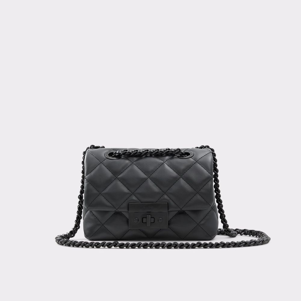 Aldo black quilted shoulder bag with front latch closure .