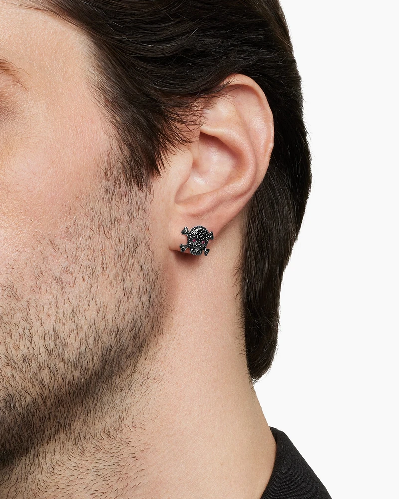 Memento Mori Skull Stud Earring in Sterling Silver with Pavé Black Diamonds and Rubies, 11mm