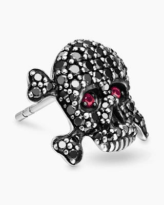 Memento Mori Skull Stud Earring in Sterling Silver with Pavé Black Diamonds and Rubies, 11mm