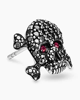 Memento Mori Skull Stud Earring in Sterling Silver with Pavé Black Diamonds and Rubies, 11mm