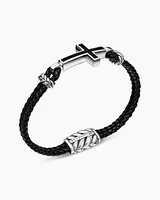 Exotic Stone Cross Bracelet Black Leather with Sterling Silver and Onyx, 3mm