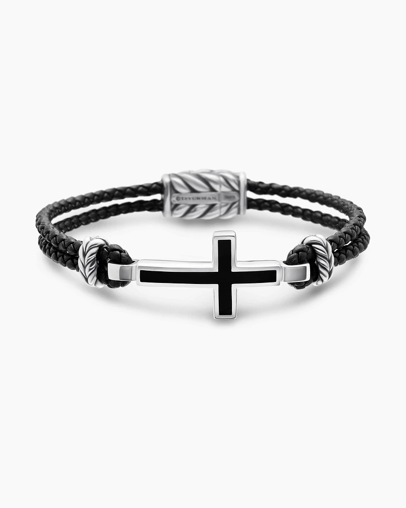 Exotic Stone Cross Bracelet Black Leather with Sterling Silver and Onyx, 3mm