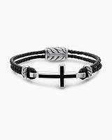 Exotic Stone Cross Bracelet Black Leather with Sterling Silver and Onyx, 3mm