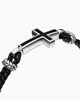 Exotic Stone Cross Bracelet Black Leather with Sterling Silver and Onyx, 3mm