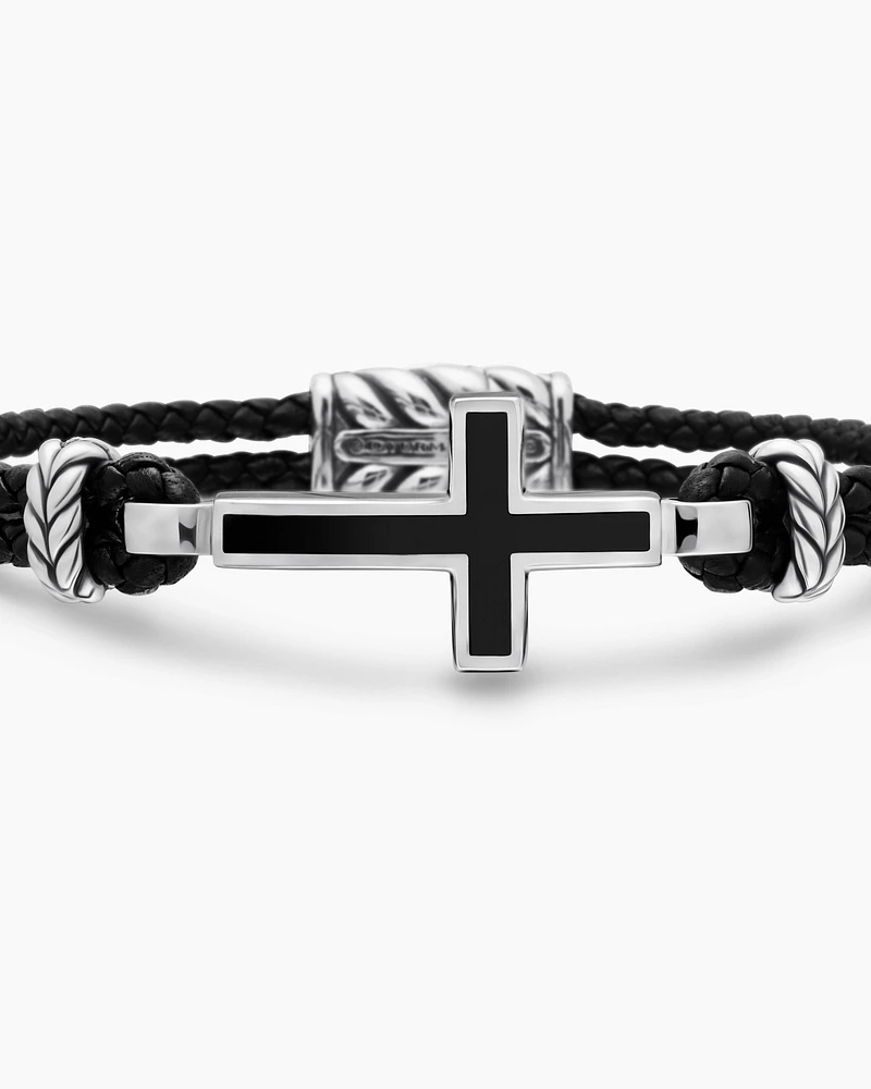 Exotic Stone Cross Bracelet Black Leather with Sterling Silver and Onyx, 3mm