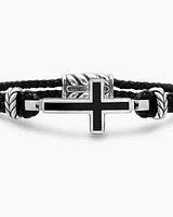 Exotic Stone Cross Bracelet Black Leather with Sterling Silver and Onyx, 3mm