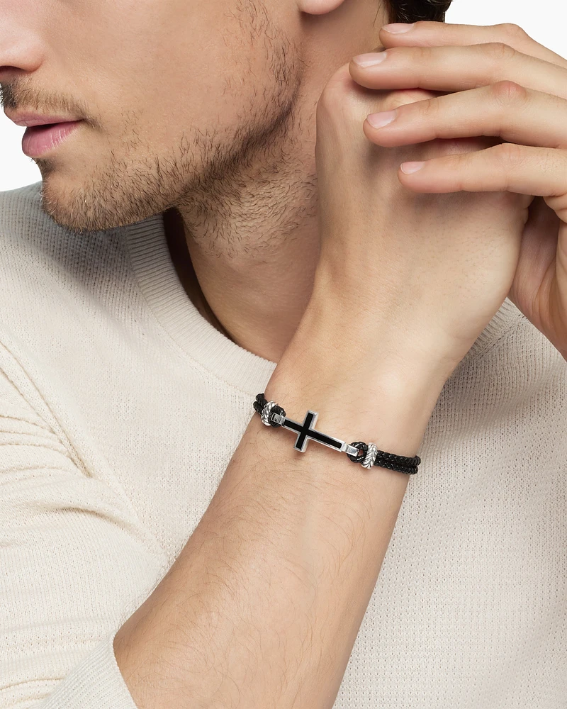 Exotic Stone Cross Bracelet Black Leather with Sterling Silver and Onyx, 3mm