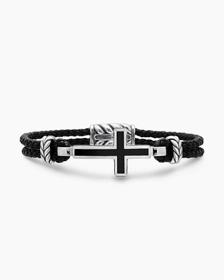 Exotic Stone Cross Bracelet Black Leather with Sterling Silver and Onyx, 3mm
