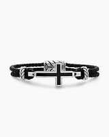 Exotic Stone Cross Bracelet Black Leather with Sterling Silver and Onyx, 3mm