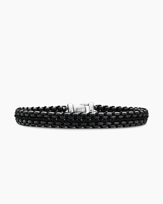 Woven Box Chain Bracelet Sterling Silver with Black Stainless Steel and Nylon, 10mm