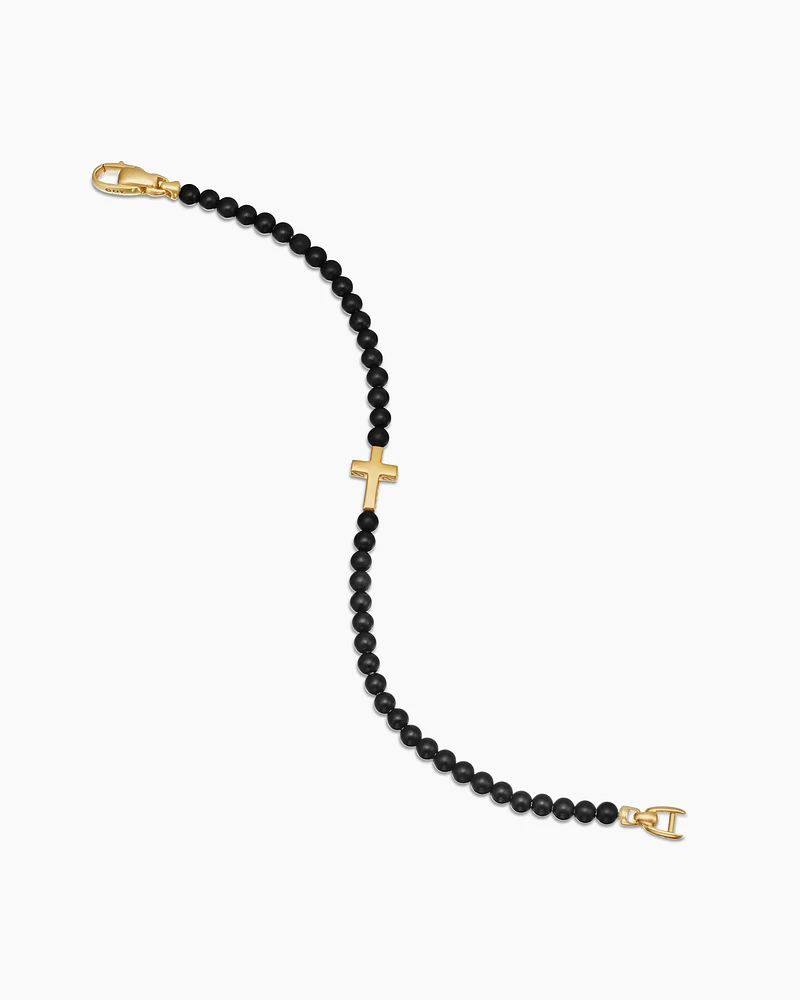 Spiritual Beads Cross Station Bracelet with Black Onyx and 18K Yellow Gold, 4mm