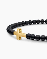 Spiritual Beads Cross Station Bracelet with Black Onyx and 18K Yellow Gold, 4mm