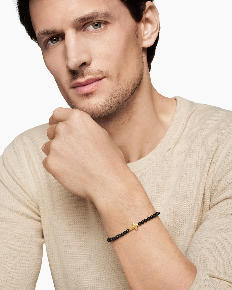 Spiritual Beads Cross Station Bracelet with Black Onyx and 18K Yellow Gold, 4mm