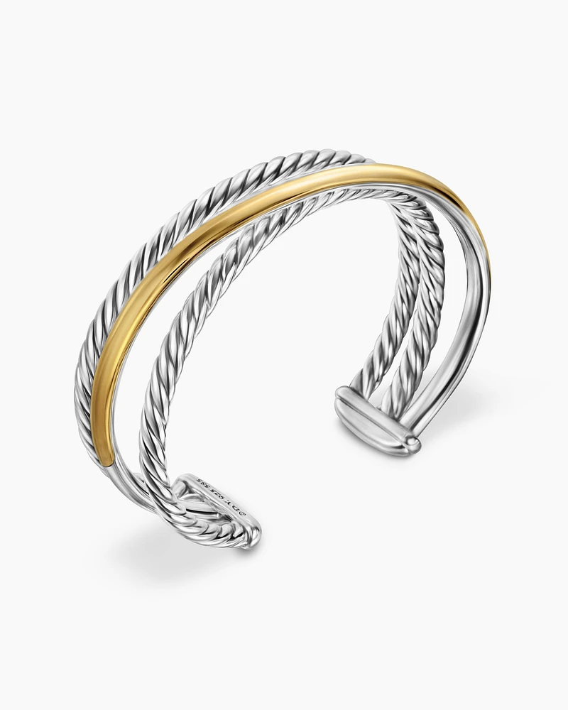 Bold Crossover Three Row Cuff Bracelet Sterling Silver with 14K Yellow Gold, 19mm