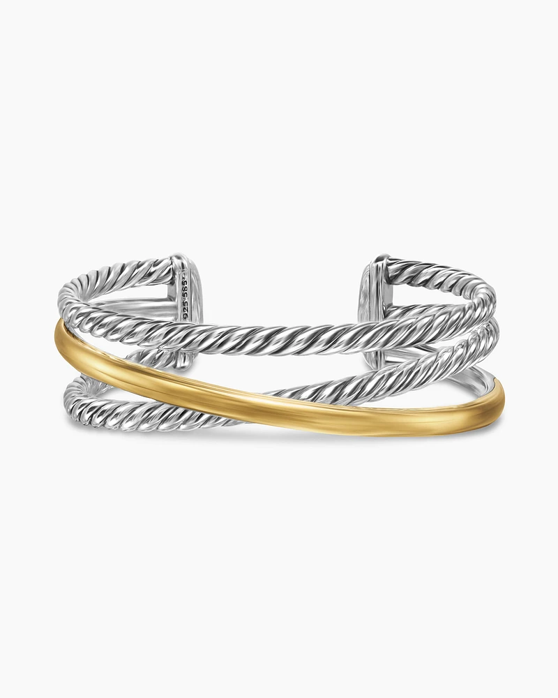 Bold Crossover Three Row Cuff Bracelet Sterling Silver with 14K Yellow Gold, 19mm