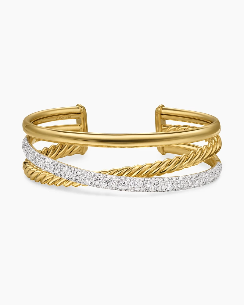 Pavé Crossover Three Row Cuff Bracelet in 18K Yellow Gold with Diamonds, 20mm