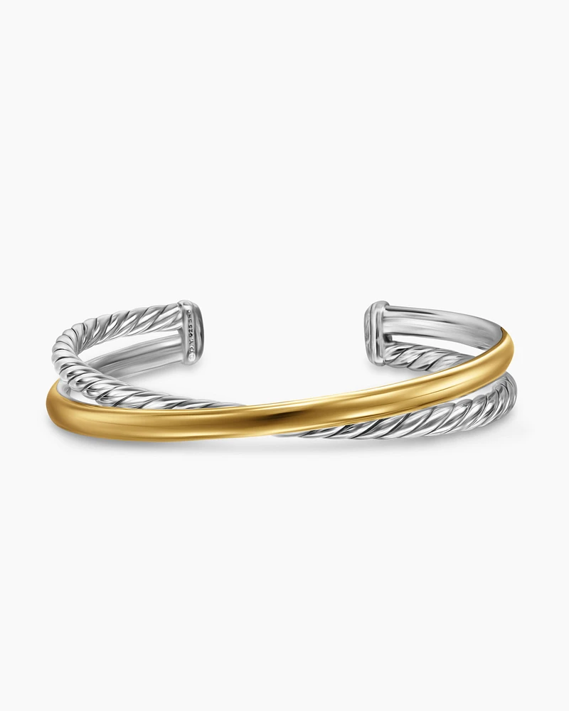 Crossover Two Row Cuff Bracelet Sterling Silver with 14K Yellow Gold, 10.7mm