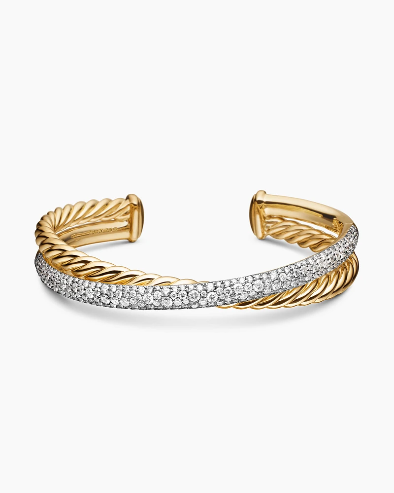 Pavé Crossover Two Row Cuff Bracelet in 18K Yellow Gold with Diamonds, 10.5mm