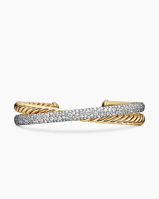 Pavé Crossover Two Row Cuff Bracelet in 18K Yellow Gold with Diamonds, 10.5mm