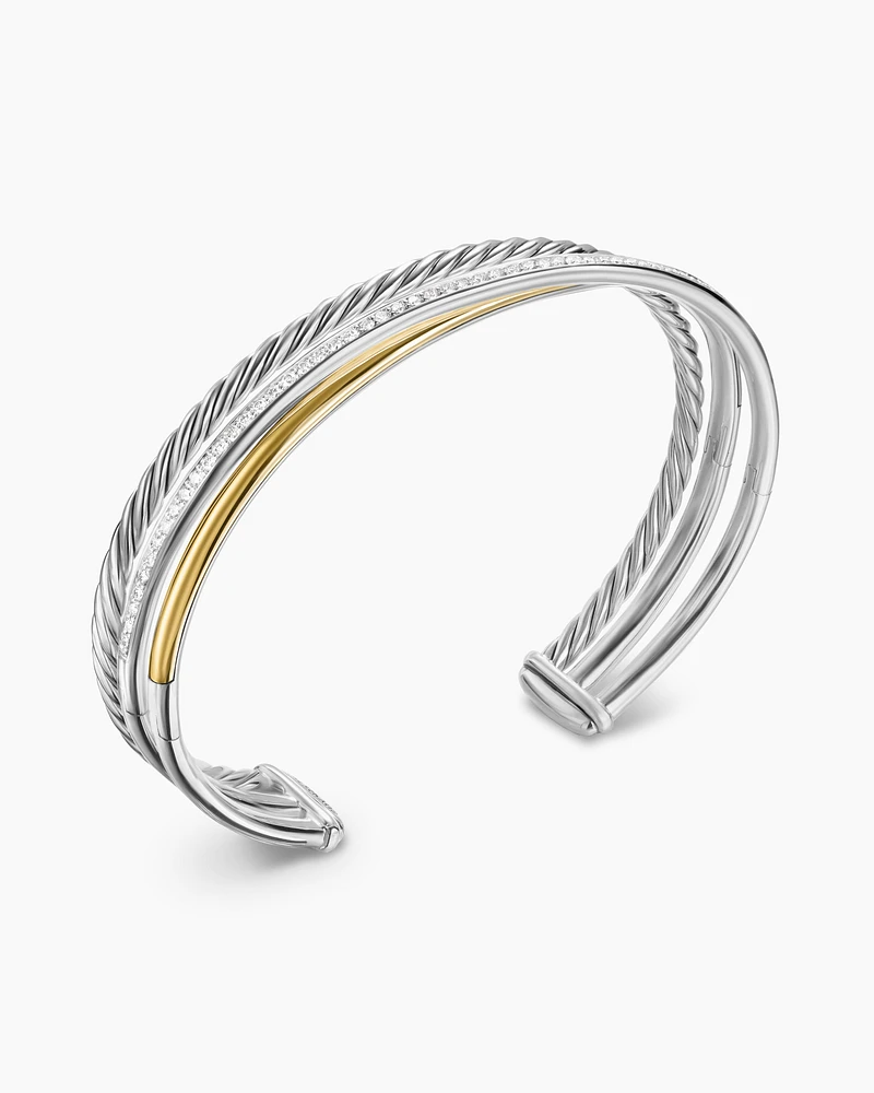 Crossover Three Row Bracelet Sterling Silver with 18K Yellow Gold and Diamonds, 11mm