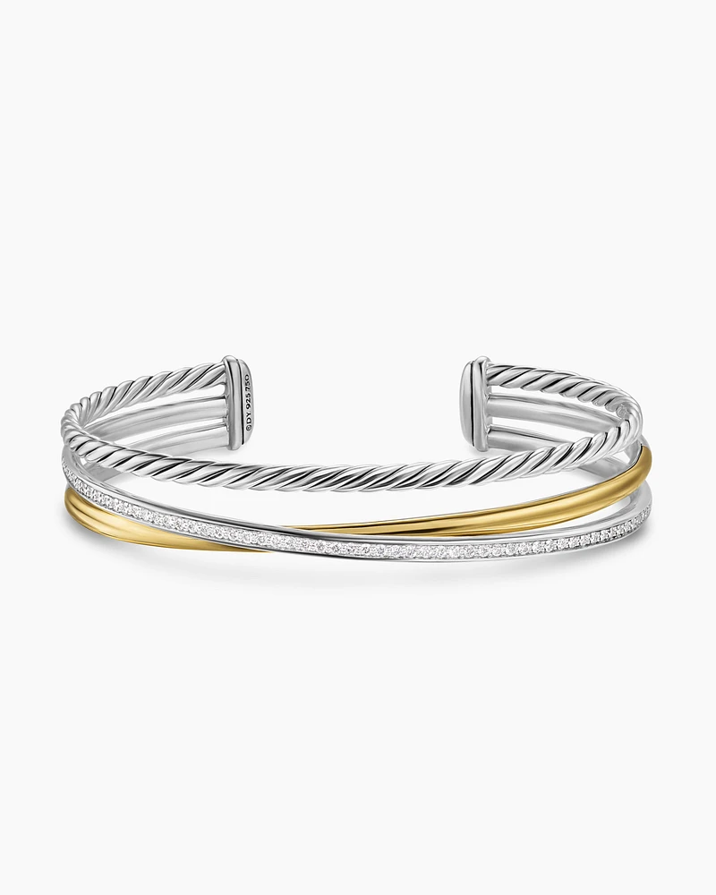 Crossover Three Row Bracelet Sterling Silver with 18K Yellow Gold and Diamonds, 11mm