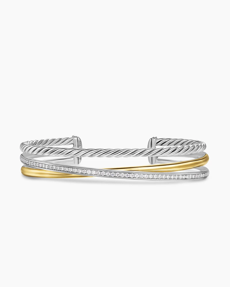 Crossover Three Row Bracelet Sterling Silver with 18K Yellow Gold and Diamonds, 11mm
