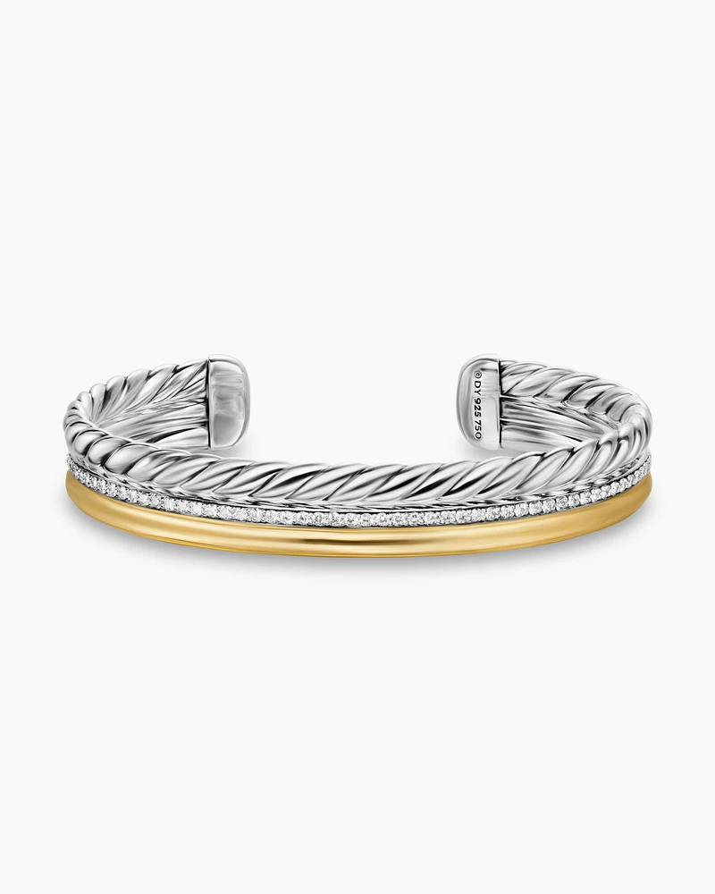 DY Mercer® Three Row Cuff Bracelet in Sterling Silver with 18K Yellow Gold and Diamonds, 10.4mm