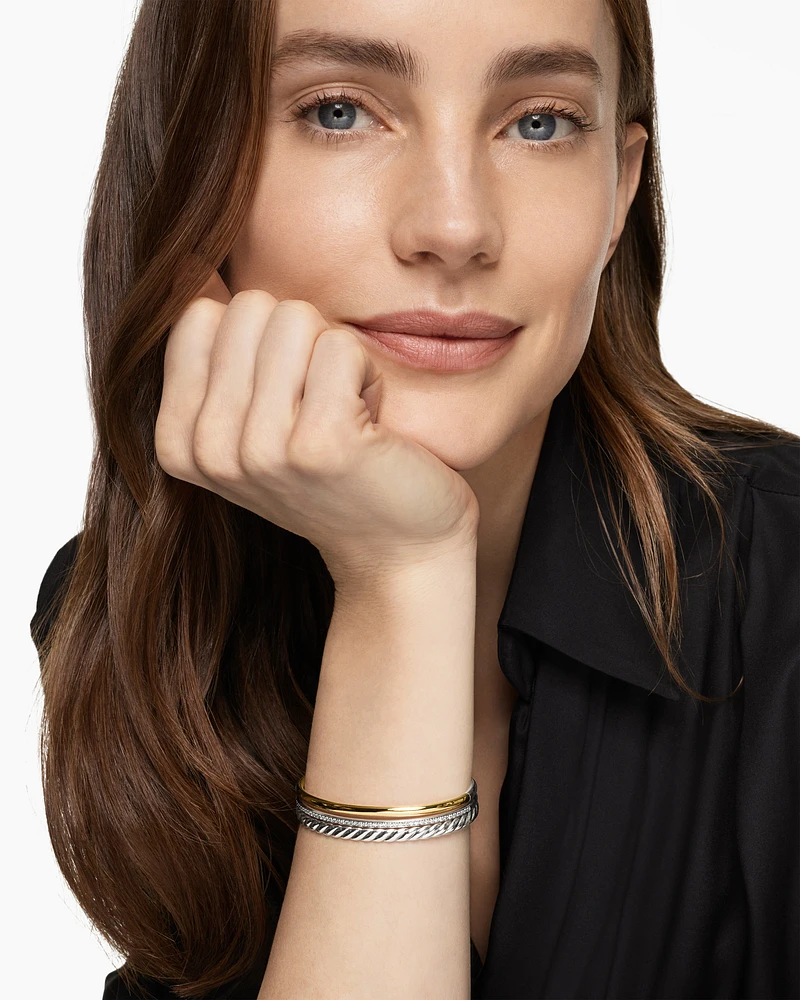 DY Mercer® Three Row Cuff Bracelet in Sterling Silver with 18K Yellow Gold and Diamonds, 10.4mm
