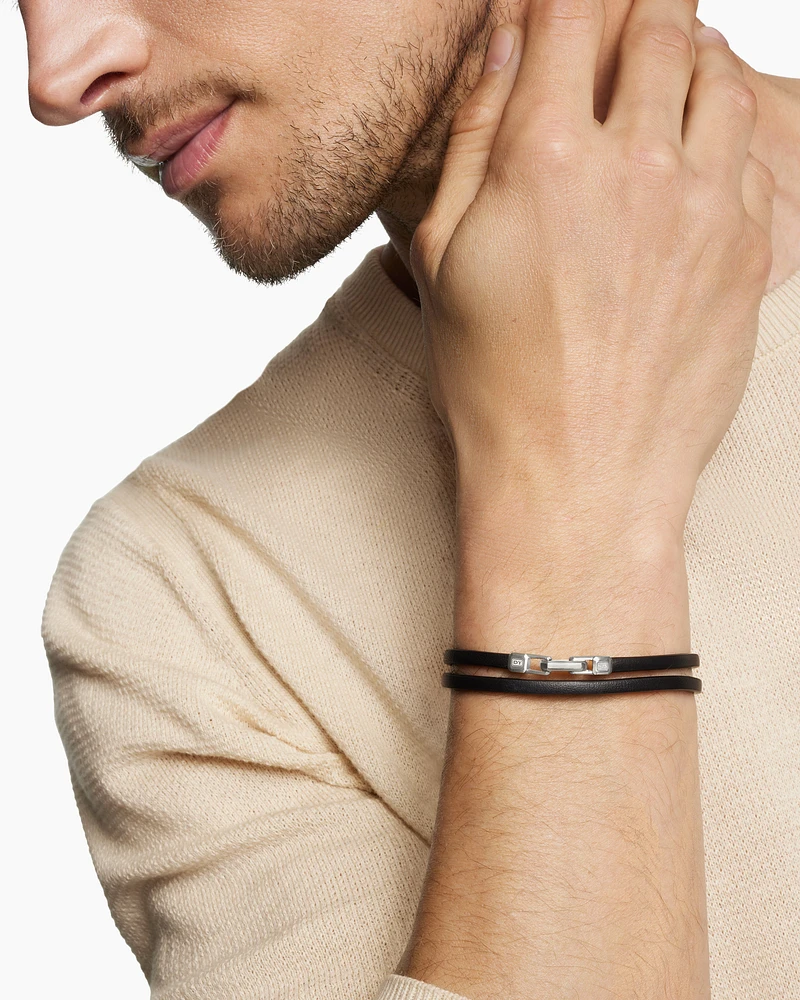 Streamline® Double Wrap Bracelet Black Leather with Sterling Silver, 4mm