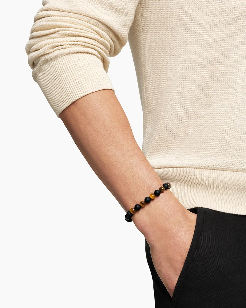 Spiritual Beads Alternating Bracelet Sterling Silver with Tiger’s Eye and Black Onyx, 8mm
