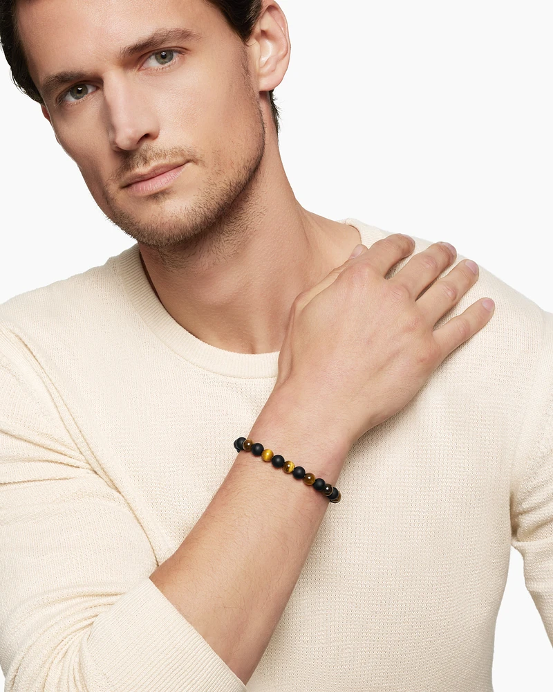 Spiritual Beads Alternating Bracelet Sterling Silver with Tiger’s Eye and Black Onyx, 8mm