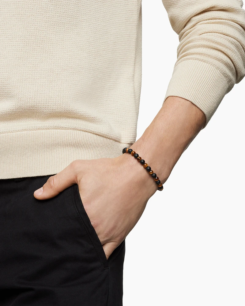 Spiritual Beads Alternating Bracelet Sterling Silver with Black Onyx and Tiger’s Eye, 6mm