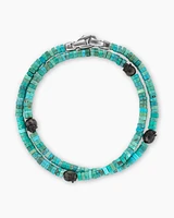 Memento Mori Skull Station Double Wrap Bracelet in Sterling Silver with Turquoise and Forged Carbon, 4mm