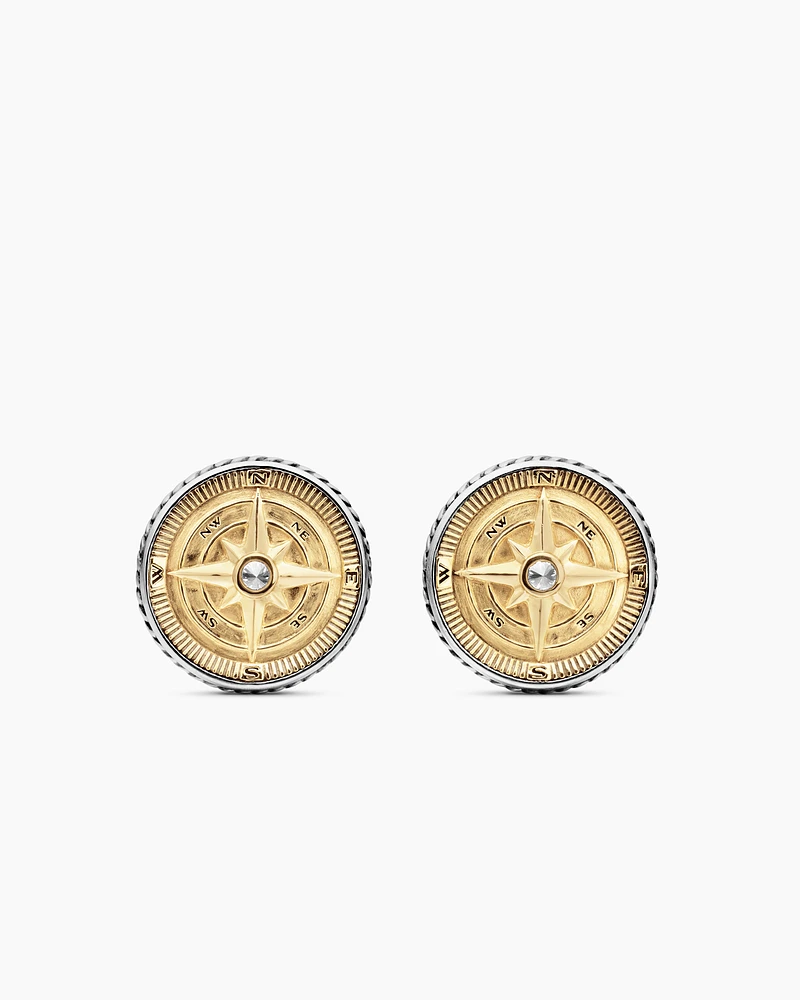 Maritime® Compass Cufflinks in Sterling Silver with 18K Yellow Gold and Centre Diamond, 16mm