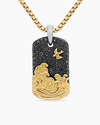 Waves Tag in Sterling Silver with 18K Yellow Gold and Black Diamonds, 39mm