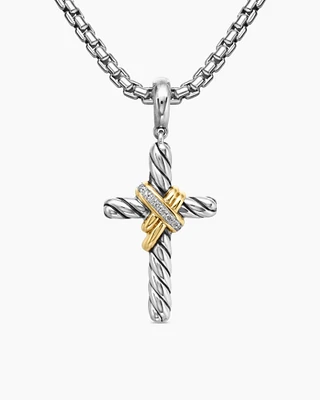 X Cross Pendant in Sterling Silver with 18K Yellow Gold and Diamonds, 32mm