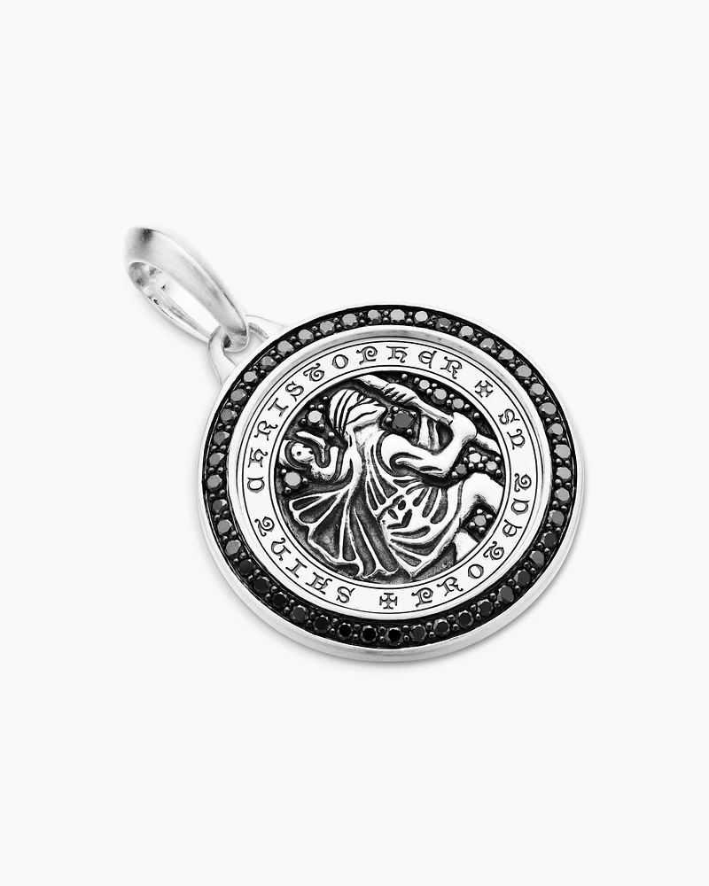 St. Christopher Amulet in Sterling Silver with Black Diamonds, 34.5mm